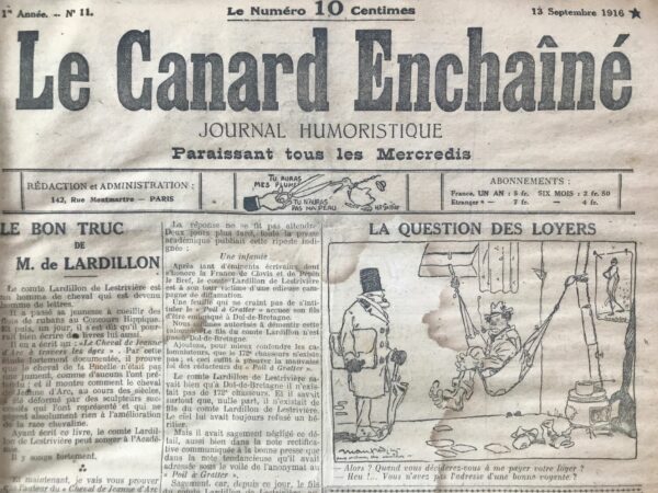 Couac ! | N° 11 du Canard Enchaîné - 13 Septembre 1916 | Premier article de Henri Béraud dans le Canard, sous le pseudonyme de Carlos Umberto et intitulé Des canons ! Des munitions ! - Henri Béraud met à profit une permission (lieutenant d'artillerie sur le front) le week end précédent pour donner à Maréchal son premier papier... Une parodie truculente de la "grande presse" et ses "bourreurs de crânes", il fait preuve d'un humour d'une fraicheur surprenante dans la période qu'il traverse. ancienne trace d'humidité n'affectant pas la lecture | 11 2