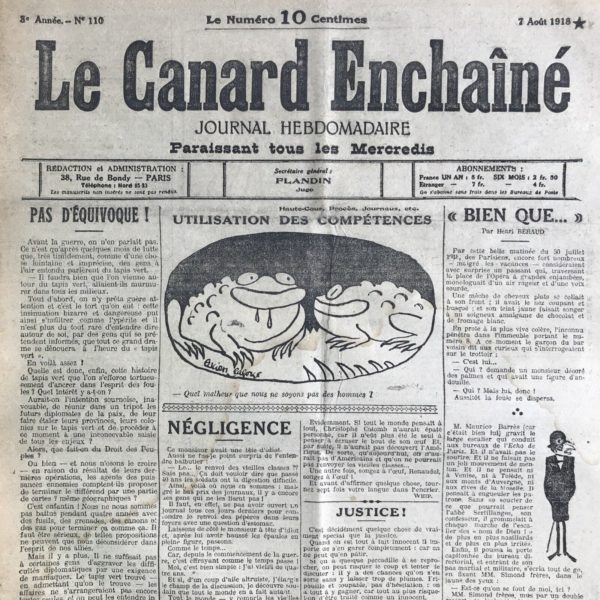 Couac ! | N° 110 du Canard Enchaîné - 7 Août 1918 | "BIEN QUE..." par Henri Béraud - Colère de Maurice Barrès imaginée par Béraud, au sein de son propre journal L'Echo de Paris, à propos d'un "bien que" paru dans ses colonnes... UNE HEURE chez Monsieur Gustave Hervé, par Henri Béraud | 110