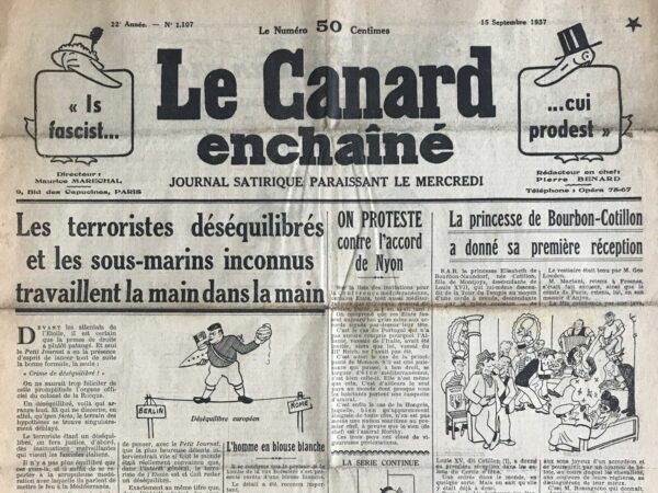 Couac ! | N° 1107 du Canard Enchaîné - 15 Septembre 1937 | Les terroristes déséquilibrés et les sous-marins inconnus travaillent la main dans la main - Dans son article du 15 septembre 1937, André Guérin utilise une satire mordante pour critiquer la manière dont la presse de droite, en particulier "Le Petit Journal", traite les attentats de l'Étoile. Il expose la tendance des médias à attribuer de tels actes à des "déséquilibrés" pour éviter toute responsabilité politique et écarter les suspicions sur certains groupes. Guérin commence par féliciter ironiquement "Le Petit Journal" pour sa rapidité à qualifier le terroriste de l'Étoile de "déséquilibré". Il souligne que cette étiquette est pratique car elle simplifie l’analyse et élimine les hypothèses gênantes dès le départ. Il montre comment cette qualification permet d'écarter automatiquement les soupçons sur les fascistes italiens, les nazis allemands, et les franquistes espagnols, groupes qui auraient pu être liés à des actes violents mais que l’on préfère présenter comme parfaitement rationnels et pondérés. Guérin tourne en dérision l'idée que les ligues nationalistes françaises, souvent violentes, soient composées d'individus parfaitement équilibrés. Il ridiculise l’idée qu’on puisse y trouver un quelconque "déséquilibré", soulignant que même la frénésie y serait strictement interdite et que tout signe de dérangement mental serait immédiatement sanctionné. En insistant sur le fait que le terroriste doit rester un "déséquilibré" pour le bien général, Guérin met en lumière la volonté des médias et des autorités de dépolitiser les actes de violence pour éviter toute confrontation avec des vérités dérangeantes.Guérin compare ensuite cette manipulation à celle des "sous-marins pirates" qui doivent rester "inconnus". Il critique l’opacité et la simplification excessive des informations fournies au public, ce qui empêche une compréhension claire des enjeux et des responsabilités. André Guérin, par sa satire acérée, dénonce la façon dont la presse de droite et certaines autorités manipulent les faits pour éviter toute responsabilité politique. En attribuant les actes de violence à des "déséquilibrés", ils protègent certains groupes d'une condamnation publique et maintiennent une illusion de rationalité et d'ordre, au détriment de la vérité et de la justice. | 1107 e1679178650215