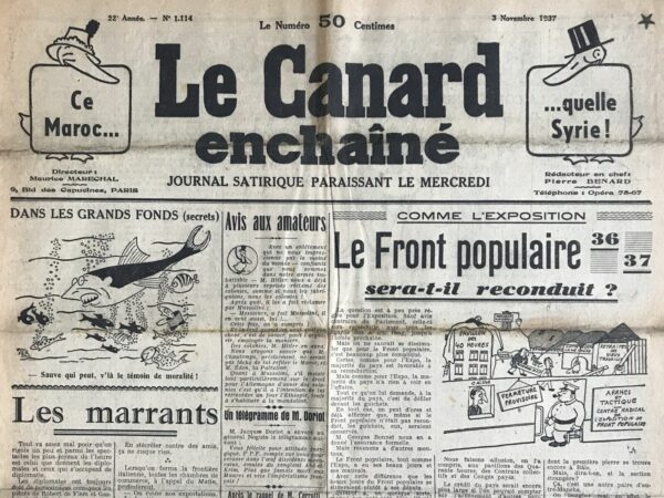 Couac ! | N° 1114 du Canard Enchaîné - 3 Novembre 1937 | COMME L'EXPOSITION 36-37 le Front populaire sera-t-il reconduit ? - R. Tréno, dans cet article du *Canard enchaîné* du 3 novembre 1937, compare de manière satirique la situation politique du Front populaire à celle de l'Exposition internationale de 1936-37. Il se demande si le Front populaire, comme l'Exposition, sera reconduit avec tous les honneurs ou s'il sera abandonné. À travers cette comparaison, il met en lumière les défis politiques et économiques auxquels le Front populaire est confronté. L'auteur commence par noter que, contrairement à l'Exposition, la reconduction du Front populaire est beaucoup plus compliquée. L'Exposition bénéficie du soutien général de la population, mais ce soutien se limite à la fréquentation des guichets. En revanche, le Front populaire doit faire face à des enjeux bien plus sérieux.Tréno rappelle que le Front populaire a connu ses beaux jours, notamment autour de mai 1936, lorsqu'il attirait un grand nombre de partisans enthousiastes, y compris des figures comme Jacques Doriot et Gaston Bergery. Cependant, cet enthousiasme s'est calmé avec le temps, en grande partie à cause de la faiblesse économique et de la pauvreté en portefeuilles, ce qui a rendu le Front populaire moins attrayant. Le Congrès radical, en discutant de la reconduction du Front populaire, a montré une unanimité de façade. Bien que tous les délégués aient voté pour la reconduction, ils étaient divisés sur la manière de procéder. Certains voulaient donner au Front populaire un sursis de quelques mois seulement, plutôt que de prolonger indéfiniment son mandat. Tréno souligne que, comme pour l'Exposition, la continuation du Front populaire dépend de l'obtention de crédits suffisants. Ces crédits devraient notamment permettre la protection des acquis sociaux comme la semaine de 40 heures, les contrats collectifs, et les congés payés. Il mentionne également d'autres projets importants, comme la retraite des vieux travailleurs, tout en notant l'utopie que représenterait la répression de la fraude fiscale, dont la première pierre est toujours à Bâle. Enfin, l'auteur aborde la question des affaires étrangères, soulignant qu'il serait inconcevable pour le Front populaire de traiter de ces questions sans consulter Neville Chamberlain. Il termine sur une note ironique en suggérant que le Front populaire pourrait avoir besoin de la tour-parachute de l'Exposition pour échapper à ses problèmes. R. Tréno utilise la comparaison avec l'Exposition pour critiquer de manière humoristique et incisive la situation politique du Front populaire en 1937. Il expose les difficultés économiques et politiques auxquelles le mouvement doit faire face, tout en soulignant l'importance de trouver des financements pour poursuivre ses réformes sociales. L'article met en lumière les défis internes et externes du Front populaire, tout en se moquant des complexités bureaucratiques et des promesses non tenues.   | 1114 e1708166362305