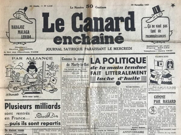 Couac ! | N° 1115 du Canard Enchaîné - 10 Novembre 1937 | Un nouveau système D, M. BEDAUX fait école - L'article humoristique de R. Tréno, paru dans "Le Canard Enchaîné" du 10 novembre 1937, critique avec une pointe d'ironie le système Bedaux, un modèle de gestion du travail inventé par Charles Bedaux. Grâce à un événement impliquant le duc de Windsor, le système Bedaux est devenu largement connu. Ce système est basé sur l'idée d'accroître la productivité des travailleurs, au bénéfice principalement de Bedaux lui-même, qui gagne de l'argent sans effort direct. L'auteur souligne ce paradoxe en disant que plus les ouvriers travaillent, plus Bedaux gagne, sans avoir à lever le petit doigt. Le texte se moque du succès de ce système en Europe, le qualifiant de triomphe que tout le monde adopte. Le duc et la duchesse de Windsor, au lieu de profiter d'une vie tranquille après leur mariage, suivent les préceptes de Bedaux et se lancent dans une tournée frénétique à travers le monde, symbolisant l’absurdité de ce mode de vie hyperactif et productiviste. L'article continue en illustrant de manière satirique l'application du système Bedaux dans divers contextes : - Conseil des ministres : Les ministres, en file indienne, signent des décrets à la chaîne, Albert Lebrun en patins à roulettes facilitant le processus. - Église : Un curé utilise un desservant bègue pour dire deux messes simultanément, avec des troncs motorisés pour collecter les dons plus rapidement. - Aux Gravilliers: Gégène des Gravilliers bat des records de fréquentation grâce à un système de gestion efficace. - Au Cadran : Les clients d'un bar reçoivent leurs boissons sur un tapis roulant, accélérant la consommation à un rythme effréné. - Le Canard Enchaîné : Même le journal adopte le système Bedaux pour produire des calembours plus efficacement, montrant une certaine autodérision. Le texte, avec son ton léger et sarcastique, critique l'extrême rationalisation du travail et la déshumanisation qu'elle implique, tout en soulignant l'absurdité d'une vie entièrement consacrée à la productivité. L'auteur conclut en acclamant le système Bedaux avec une ironie évidente, mettant en lumière les excès et les contradictions d'un tel modèle économique. | 1115 e1708166483581