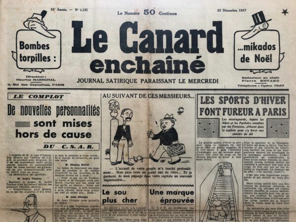 Couac ! | N° 1121 du Canard Enchaîné - 22 Décembre 1937 | L'article UNE GUERRE DE GENTLEMEN Du moment qu'on s'excuse... par Pierre Bénard, publié dans "Le Canard Enchaîné" du 22 décembre 1937, est une critique acerbe et satirique de l'hypocrisie et de la courtoisie superficielle qui entourent les atrocités commises pendant les conflits internationaux. Bénard commence par ironiser sur l'état actuel du monde, où malgré les batailles sanglantes en Espagne et en Chine, la guerre n'est pas officiellement déclarée. Il souligne le contraste entre la brutalité des combats et la politesse apparente des diplomates, ce qui, selon lui, représente un "progrès" par rapport aux conflits barbares du passé. L'auteur met en lumière l'exemple des Japonais, qui, après avoir coulé un navire américain et tué des marins, ont rapidement présenté des excuses officielles via T.S.F. (télégraphie sans fil) au peuple des États-Unis. Bénard se moque de cette courtoisie en la qualifiant de "geste dont la portée est à la hauteur de celle des canons", soulignant l'absurdité de s'excuser tout en continuant les hostilités. Il critique les éternels mécontents qui trouvent ces excuses insuffisantes et qui voudraient que les Japonais s'engagent à ne plus recommencer. Bénard tourne cela en dérision en disant que si les Japonais recommencent, ils n'auront qu'à renouveler leurs excuses, ce qui devrait suffire selon la logique de la courtoisie diplomatique. L'article se poursuit en mentionnant que cette attitude de politesse s'est étendue à d'autres nations. Bénard cite Mussolini, qui a présenté ses regrets pour avoir utilisé des bombes et des gaz asphyxiants en Éthiopie, et Franco, qui a envoyé ses excuses à la population de Madrid et aux parents des enfants tués par ses obus. Bénard conclut en évoquant le cas de Weidmann, un criminel emprisonné pour plusieurs meurtres, qui a demandé s'il pouvait arranger les choses en présentant ses excuses. Ici, Bénard souligne l'ironie ultime en montrant que, contrairement aux criminels de guerre, un tueur en série ne peut pas s'en sortir simplement avec des excuses. En résumé, Pierre Bénard utilise l'ironie et le sarcasme pour critiquer la superficialité des excuses diplomatiques face aux horreurs de la guerre, exposant l'hypocrisie des dirigeants qui cherchent à maintenir une façade de civilité tout en commettant des atrocités. | 1121 3