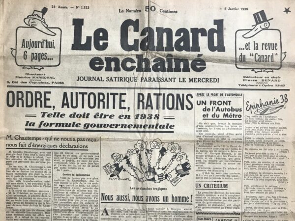 Couac ! | N° 1123 du Canard Enchaîné - 5 Janvier 1938 | L'article satirique de Pierre Bénard, publié dans Le Canard enchaîné du 5 janvier 1938, intitulé M. Chautemps qui ne nous a pas reçu nous fait d'énergiques déclarations, présente une critique humoristique de Camille Chautemps, alors président du Conseil en France, à travers une série de déclarations énergiques et paradoxales. 1. Refus de recevoir les délégués des grévistes : Bénard commence par critiquer le refus de Chautemps de rencontrer les délégués des grévistes des services publics, soulignant une transformation de son attitude, passant de la complaisance à une fermeté nouvelle et inhabituelle. 2. Fermeté contre la spéculation : Chautemps déclare son opposition à la spéculation et menace de réquisitions pour les services publics et même les fortunes, tout en critiquant la récente augmentation des loyers et le refus de déclarer obligatoirement les comptes en banque. 3. Contre les fraudeurs et les privilégiés : Il annonce des mesures sévères contre les fraudeurs fiscaux et critique les privilèges injustes, y compris ceux de l'Église, menaçant même de remplacer les crosses des évêques par celles des gardes mobiles. 4. Position ferme contre les patrons : Chautemps refuse également de recevoir les patrons tant qu'ils n'acceptent pas de respecter les prix fixés, affirmant son rôle de défenseur des travailleurs contre toute forme d'abus de pouvoir économique. 5. Conclusion théâtrale : L'article se termine sur une note théâtrale avec une référence à un duo de l'opéra "Robert le Diable", où Chautemps et William Bertrand répètent le fameux "Non... Non... Non..." comme Tartarin, soulignant ainsi son obstination et sa détermination politique.   | 1123 e1708166895138