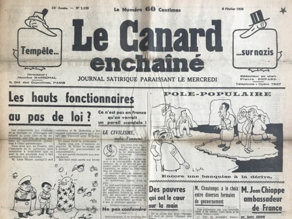 Couac ! | N° 1128 du Canard Enchaîné - 9 Février 1938 | M. Jean Chiappe ambassadeur de France, par André Guérin - Le Canard Enchaîné du 9 février 1938 - André Guérin utilise l'ironie pour commenter la visite de Jean Chiappe en Italie fasciste, dépeignant ce voyage officieux comme un triomphe qui soulève des espoirs de rapprochement entre la France et l'Italie. Cet article critique implicitement la politique française et le personnage de Chiappe, tout en soulignant les tensions et les absurdités politiques de l'époque. Guérin commence par établir le contexte en déclarant que la France républicaine devait envoyer un représentant à la hauteur des circonstances en Italie fasciste. En décrivant la visite de Chiappe comme triomphale, Guérin laisse entendre que cette mission, bien que non officielle, a été perçue comme significative par certains. Guérin ironise sur la nécessité de montrer "le clair visage de notre France" aux Italiens après tant de manœuvres dissolvantes. Chiappe est présenté comme un redresseur de torts, remettant les choses au point en parlant de la situation chaotique en France : révolution armée, anarchie, et forces obscures dominantes. Ces propos, rapportés par un journaliste de la Tribuna, sont une critique implicite de l'incapacité du gouvernement français à maintenir l'ordre. Chiappe est interviewé sur divers sujets, y compris le fameux "pas de l'oie" allemand, qu'il affirme soutenir. Sa réponse laisse entendre qu'il serait favorable à une discipline militariste et autoritaire en France, comparable à celle de l'Allemagne nazie. L'évocation de remplacer la fanfare des gardiens de la paix par une phalange de mandolinistes est une moquerie de l'absurdité de certaines idées militaristes. Concernant le différend éthiopien, Chiappe se montre discret mais laisse entendre son soutien à la reconnaissance de l'empereur éthiopien. Il évoque aussi, de manière sarcastique, la possibilité de reconnaître les droits de l'Italie sur la Savoie, Nice et la Corse, mais seulement s'il devient officiellement ambassadeur. Cette remarque souligne l'absurdité de certaines revendications territoriales et les tensions franco-italiennes. L'article se termine par une fausse nouvelle humoristique sur l'annexion de Chiappe par Mussolini, immédiatement démentie, créant une consternation dans certains quartiers de Paris et à Ajaccio. Cette fausse information ajoute une couche de satire à l'ensemble de l'article, ridiculisant les ambitions et les absurdités diplomatiques de l'époque.En conclusion, André Guérin utilise l'ironie pour critiquer la politique française et les figures politiques de son temps. En dépeignant Jean Chiappe comme un personnage ridicule et en exagérant ses propos et actions, Guérin souligne les tensions politiques et les absurdités diplomatiques des années 1930. | 1128 e1708167281852