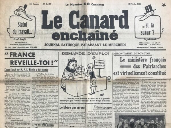 Couac ! | N° 1129 du Canard Enchaîné - 16 Février 1938 | Les fusilleurs ont changé leur fusil d'épaule, par Pierre Bénard - Pierre Bénard utilise une satire mordante pour commenter les retournements politiques et les trahisons de certains politiciens français après les événements du 6 février 1934. À travers le prisme des actions et des discours de figures politiques comme Eugène Frot, l'article critique les changements de position et l'hypocrisie de ceux qui prétendent protéger la République mais finissent par trahir leurs idéaux pour des gains personnels. Bénard commence par rappeler les événements du 12 février 1934, où des citoyens ordinaires se sont mobilisés pour défendre la République après une tentative de coup d'État par les ligues d'extrême droite. Ces "braves gens" n'avaient rien à gagner, sinon des coups, et leur dévouement contrastait fortement avec l'inaction et la fuite des ministres de l'époque. Les ministres qui avaient été sauvés par la foule anonyme des faubourgs sont rapidement revenus à leurs positions de pouvoir, mais ils n'ont pas tardé à se méfier de ceux qui les avaient protégés. Bénard souligne l'ironie et l'ingratitude des politiciens qui, une fois en sécurité, voient les masses comme dangereuses. Cette section critique l'élitisme et le mépris des politiciens pour le peuple qu'ils prétendent représenter. Eugène Frot, en particulier, est décrit comme l'incarnation de cette trahison. Bénard se moque de son parcours en soulignant sa tendance à changer de camp pour des avantages personnels. Frot, qui était autrefois visé par la haine des opposants, a fini par se ranger du côté de ceux qui l'avaient méprisé. Bénard utilise l'image de Frot brûlant lui-même sa robe d'avocat pour illustrer sa capitulation et sa compromission. En 1938, Frot se déclare réaliste et refuse l'idée d'un gouvernement de Front populaire, préférant s'aligner avec la droite et les financiers. Bénard critique cette position comme étant motivée par un désir de reconnaissance et de soutien de ceux qui l'avaient autrefois attaqué. Frot est présenté comme quelqu'un qui est prêt à trahir ses anciens alliés pour se maintenir au pouvoir. Bénard utilise un ton sarcastique pour ridiculiser les prétentions de Frot et des politiciens de son acabit. Il dépeint Frot comme un "fusilleur" qui a rectifié son tir pour viser désormais le Front populaire, symbolisant ainsi sa trahison des idéaux républicains. La conclusion de l'article est une critique acerbe des intellectuels et des ouvriers qui, malgré leurs bonnes intentions et leur combat pour la liberté, finissent souvent par être manipulés par des politiciens opportunistes. L'article de Pierre Bénard est une critique incisive des retournements politiques et des trahisons au sein de la classe politique française dans les années 1930. À travers l'exemple de figures comme Eugène Frot, Bénard dénonce l'hypocrisie et l'opportunisme des politiciens qui sacrifient les idéaux républicains pour des gains personnels, tout en se moquant de la naïveté des masses qui continuent de croire en la justice et la liberté. | 1129 e1708167884292