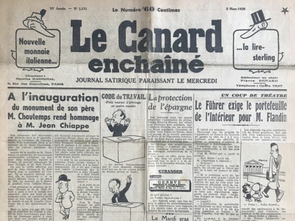 Couac ! | N° 1131 du Canard Enchaîné - 2 Mars 1938 | À l'inauguration du monument de son père, M. Chautemps rend hommage à M. Jean Chiappe, par Pierre Bénard - Cet article de Pierre Bénard relate une cérémonie en hommage à Émile Chautemps, père de Camille Chautemps, alors président du Conseil. L'événement, marqué par la présence de nombreuses personnalités politiques, devient une occasion pour Camille Chautemps de rendre hommage à Jean Chiappe et Noël Pinelli. Le texte, publié dans "Le Canard Enchaîné", emploie un ton ironique pour critiquer les relations politiques et les intrigues de l'époque. La cérémonie s'est déroulée avec la participation de figures politiques importantes, dont Jean Chiappe et Noël Pinelli, des alliés proches de Chautemps. Leur présence, soulignée par Bénard, rappelle les événements troublants de 1934, notamment les émeutes du 6 février et les scandales politiques comme l'affaire Stavisky. Camille Chautemps exprime sa reconnaissance envers Chiappe et Pinelli pour leur soutien indéfectible durant les moments difficiles de sa carrière. Chautemps évoque les émeutes et les attaques personnelles qu'il a subies, attribuant à Chiappe et Pinelli un rôle de protecteurs et d'amis loyaux. Il souligne l'importance de la fidélité et du soutien en politique, en particulier en temps de crise. Le discours de Chautemps contient de vives critiques envers ses adversaires politiques et la presse de gauche. Il accuse ces derniers de mener des campagnes de diffamation, d'inventer des mensonges et de fomenter la haine contre lui. Les termes "bandes d'Asiates et de métèques" et "presse vendue à Moscou, à la juiverie et à la franc-maçonnerie" révèlent un langage de rejet et de discrimination, courant dans les discours de l'époque pour disqualifier les opposants. Chautemps loue Chiappe et Pinelli pour ne pas avoir participé à ces campagnes de diffamation. Il les distingue comme des figures de loyauté et de fraternité, contrastant avec les ennemis politiques qui cherchaient à le discréditer. Le discours se conclut par des gestes de camaraderie, renforçant l'image d'une solidarité entre alliés. Le récit de Pierre Bénard dans "Le Canard Enchaîné" utilise le cadre d'une cérémonie de commémoration pour exposer les dynamiques politiques et les alliances de l'époque. À travers un ton ironique et des descriptions détaillées, l'article met en lumière les tensions politiques, les campagnes de diffamation, et les relations complexes entre les acteurs politiques français de la fin des années 1930. Le texte souligne également l'importance des alliances politiques et de la fidélité dans un contexte de crise, tout en critiquant les méthodes et les discours utilisés pour discréditer les adversaires. | 1131 e1708167944636