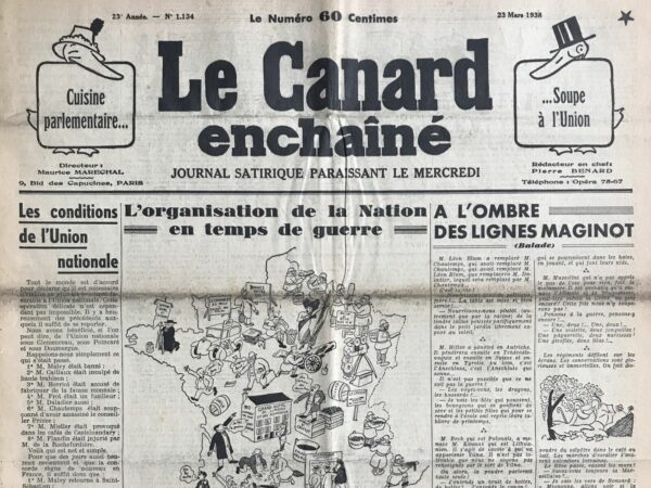 Couac ! | N° 1134 du Canard Enchaîné - 23 Mars 1938 | Le texte satirique de R. Tréno intitulé C'EN EST TROP ! L'Angleterre réagit vigoureusement devant le coup de force du Mexique, publié dans *Le Canard Enchaîné* le 23 mars 1938, se moque avec ironie des réactions diplomatiques internationales face à l'expropriation par le Mexique des compagnies pétrolières étrangères exploitant ses ressources naturelles. L'auteur commence par exposer la décision du président mexicain Cardenas d'exproprier les compagnies pétrolières étrangères pour non-respect des lois sociales et vente de pétrole à Franco, ce qui provoque une indignation significative aux États-Unis et en Grande-Bretagne. Tréno ridiculise la réaction britannique en mettant en scène Neville Chamberlain, qui, dans un discours démesuré, annonce des mesures sévères et mobilise la flotte britannique, allant jusqu'à évoquer des sanctions internationales à la Société des Nations. L'ironie de Tréno atteint son paroxysme lorsque Lord Halifax assure un soutien sans équivoque à la France pour une guerre potentielle contre le Mexique, tout en évoquant des intérêts français inexistants dans cette affaire. Cette distorsion de la réalité politique souligne l'absurdité des alliances et des réactions internationales basées sur des intérêts économiques plutôt que sur des principes moraux ou légaux. L'auteur poursuit en caricaturant les déclarations de politiciens français comme Paul-Boncour et Flandin, qui, malgré des positions divergentes, montrent une volonté farouche de soutenir l'Angleterre dans ce qu'ils considèrent comme une affaire de prestige et de milliards de francs, sans tenir compte des véritables enjeux internationaux. La satire se conclut par des réactions fictives de Berlin et de Rome, où Hitler et Mussolini réagissent avec une indignation hypocrite, prétextant défendre la paix et s'opposer à toute forme de gouvernement bolchevique dans la région. Cette dernière touche humoristique souligne l'absurdité des justifications politiques utilisées pour des interventions militaires potentielles. En somme, l'article de Tréno offre une critique mordante et perspicace de la politique internationale de l'époque, dénonçant l'hypocrisie, les intérêts économiques déguisés en principes moraux et les alliances improbables qui caractérisaient la diplomatie européenne à l'approche de la Seconde Guerre mondiale. À travers une prose satirique habile, l'auteur expose les faiblesses et les contradictions des grandes puissances, offrant ainsi une perspective critique sur les événements historiques et les décisions politiques de l'époque. | 1134 e1708168135988