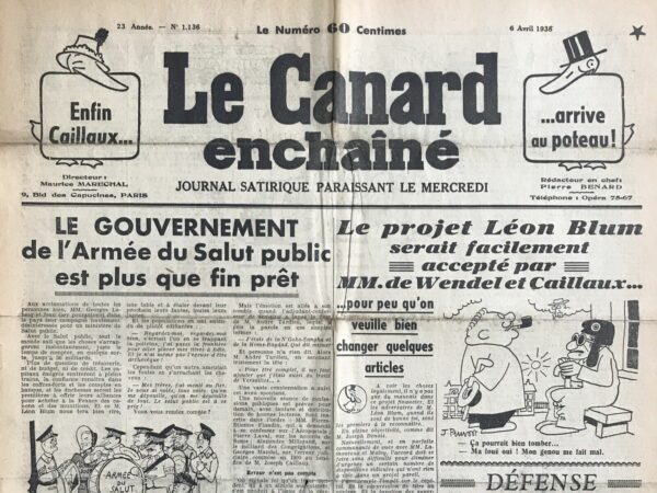 Couac ! | N° 1136 du Canard Enchaîné - 6 Avril 1938 | Grâce à M. Neville Chamberlain...Enfin, la S.D.N. va servir à quelque chose ! L'article de R. Tréno, publié dans *Le Canard Enchaîné* le 6 avril 1938, utilise l'ironie mordante pour critiquer l'inaction et la complaisance de la Société des Nations (S.D.N.) et des puissances démocratiques face aux agressions des régimes totalitaires. L'auteur se focalise sur les actions de Neville Chamberlain, Premier ministre britannique, et l'accord anglo-italien concernant la reconnaissance de la conquête italienne de l'Abyssinie (Éthiopie). Tréno commence par souligner que la S.D.N. semble enfin servir à quelque chose, même si c'est pour légitimer des actes de conquête agressifs. L'accord anglo-italien stipule que l'Angleterre recommandera à la S.D.N. de reconnaître la conquête italienne de l'Abyssinie, acte que Tréno juge comme une trahison déguisée en geste de conciliation. L'auteur rappelle que la question éthiopienne n'a jamais vraiment concerné la Grande-Bretagne directement. La participation britannique aux sanctions contre l'Italie était principalement motivée par la solidarité avec la S.D.N., mais si cette dernière accepte la conquête, Chamberlain n'a plus de raison de s'opposer. Ainsi, le Premier ministre britannique pourra prétendre qu'il a respecté toutes ses obligations envers la S.D.N., ce qui protégera le prestige britannique tout en dégonflant l'autorité de la S.D.N. Tréno fait ensuite une satire de la presse, suggérant que les journalistes diplomatiques pourraient qualifier cette solution de "solution élégante", tandis que des journaux comme *Le Matin* diraient que la S.D.N. s'est dégonflée. L'auteur prédit que la S.D.N. pourrait être utilisée pour légitimer d'autres agressions totalitaires, comme la reconnaissance de Franco en Espagne ou l'annexion de territoires par l'Allemagne et la Pologne. La comparaison avec le "menin", un petit camarade qui recevait les punitions à la place du dauphin de France, souligne la manière dont la S.D.N. serait utilisée pour absorber les critiques et les conséquences des actions des grandes puissances, les déresponsabilisant ainsi. Tréno conclut avec une touche acerbe, déclarant que grâce à Chamberlain, la S.D.N. est promue au rôle glorieux de "menin" des puissances démocratiques, recevant les coups à leur place. Cet article expose la duplicité et la faiblesse des institutions internationales face aux agressions des régimes totalitaires, tout en dénonçant l'hypocrisie et l'opportunisme des dirigeants démocratiques comme Chamberlain. La critique incisive de Tréno met en lumière les dangers de la complaisance et de l'inaction face aux violations flagrantes du droit international. | 1136 e1708168294919