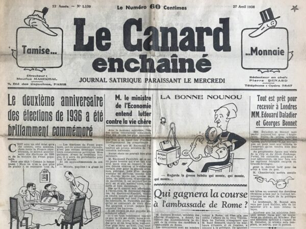 Couac ! | N° 1139 du Canard Enchaîné - 27 Avril 1938 | Il faut en finir - L'article de Pierre Bénard, publié dans *Le Canard Enchaîné* le 27 avril 1938, utilise une satire mordante pour critiquer les puissances européennes et leur approche vis-à-vis de la guerre civile espagnole. Bénard, clairement du côté des républicains espagnols, se moque des bien-pensants qui prônent la nécessité de "finir" le conflit en forçant la capitulation des républicains. Il commence par noter l'optimisme général entourant les relations internationales, sauf en ce qui concerne l'Espagne, souvent décrit comme le "point rouge" de l'Europe. Il critique les républicains espagnols de Barcelone et de Valence, mais son ton ironique suggère qu'il sympathise avec leur résistance désespérée contre Franco. Il se moque des accusations contre ces républicains, les qualifiant de "boute-feu" et d'ignorants. Bénard rappelle les événements passés, soulignant l'acharnement des républicains à défendre Madrid contre Franco, ce qui aurait dû, selon lui, alarmer le monde civilisé. Il ridiculise les attentes d'un effondrement rapide des républicains, soulignant leur résistance continue malgré les difficultés. En qualifiant leur persévérance de "lâcheté", un terme utilisé par Léon Bailby, Bénard expose l'absurdité de cette accusation. Il critique les grandes puissances, notamment la City de Londres, pour leur attitude pragmatique et cynique face à la guerre en Espagne, contrastant avec l'ardente lutte des républicains pour la liberté. Bénard ironise sur le fait que les républicains compromettent des "arrangements avantageux" en refusant de se rendre. Bénard tourne en dérision l'idée que la France devrait forcer le gouvernement de Negrin à capituler, suggérant même l'envoi de divisions françaises en Catalogne pour imposer la paix. Cette suggestion, absurde et provocatrice, met en lumière son véritable soutien aux républicains et son mépris pour ceux qui prônent une solution rapide et facile au conflit. L'article se conclut par une critique acerbe de l'idée que les Espagnols sont les véritables fauteurs de trouble dans leur propre guerre, soulignant l'hypocrisie des puissances étrangères impliquées.   | 1139 e1708168507486