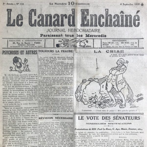 Couac ! | N° 114 du Canard Enchaîné - 4 Septembre 1918 | Nos Exemplaires du Canard Enchaîné sont archivés dans de bonnes conditions de conservation (obscurité, hygrométrie maitrisée et faible température), ce qui s'avère indispensable pour des journaux anciens. | 114