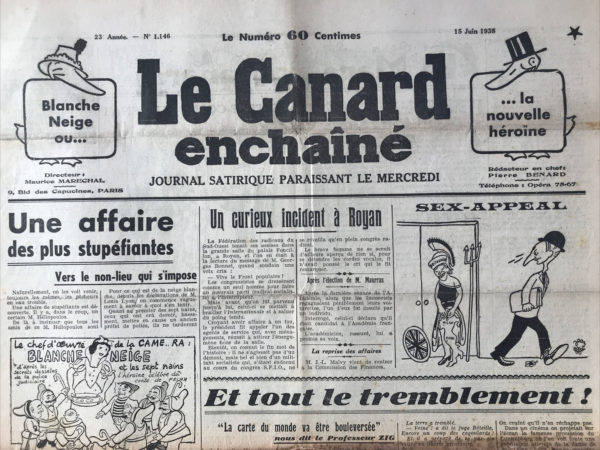 Couac ! | N° 1146 du Canard Enchaîné - 15 Juin 1938 | Dans son article Fermez ça ! publié dans Le Canard enchaîné le 15 juin 1938, Pierre Bénard critique sévèrement Pierre-Étienne Flandin et ses alliés politiques pour leur hypocrisie et leur responsabilité dans les tensions internationales de l'époque. Bénard attaque Flandin, ancien Premier ministre français et fervent opposant au Front populaire, pour ses discours alarmistes qui soutiennent que le Front populaire conduira à la guerre. Bénard souligne l'ironie du pacifisme revendiqué par Flandin, rappelant que Flandin et sa famille ont toujours soutenu des politiques bellicistes tout en évitant personnellement les dangers de la guerre. Il critique Flandin pour ne pas avoir combattu pendant la Première Guerre mondiale et pour avoir bénéficié des retombées de cette guerre grâce aux positions pro-guerre de son père. Bénard se moque de la récente prise de conscience de Flandin de la nécessité de dialoguer avec l'Allemagne, alors que cela fait vingt ans que de nombreux observateurs dénoncent le Traité de Versailles comme une erreur stupide. Il accuse Flandin et ses collègues (Bailby, Daudet, Maurras, Lauzanne) d'avoir ignoré ces avertissements et d'avoir saboté les efforts de réconciliation menés par Aristide Briand et Gustav Stresemann dans les années 1920. L'article critique également Flandin pour son aveuglement passé et présent : alors qu'il se méfiait de la République de Weimar, il semble maintenant faire confiance à Hitler. Bénard souligne que Flandin et ses alliés ont contribué à l'ascension de Hitler en refusant d'aider une Allemagne affamée et désarmée, poussant ainsi les Allemands dans les bras du dictateur nazi. Bénard accuse Flandin et ses associés d'avoir transformé l'espoir de paix de 1918 en une caricature amère et procédurière. Il leur reproche d'avoir trahi l'esprit de la Société des Nations et d'avoir détruit toute chance de paix durable. Il conclut en appelant Flandin et ses complices à se taire, dénonçant leur hypocrisie et leur responsabilité dans les souffrances causées par leurs politiques. | 1146