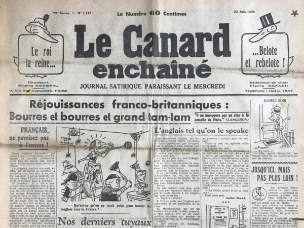 Couac ! | N° 1147 du Canard Enchaîné - 22 Juin 1938 | Dans son article La non-non-intervention : Lord Perth a gagné publié dans Le Canard enchaîné le 22 juin 1938, André Guérin se moque des négociations anglo-italiennes et de la politique de non-intervention en Espagne. Avec un ton ironique, il dénonce la fausse bonne volonté des autorités italiennes et la crédulité des Britanniques, représentés par Lord Perth, ambassadeur britannique en Italie. Guérin commence par indiquer que les pourparlers entre l'Angleterre et l'Italie progressent favorablement, et qu'en dépit de son nom, Lord Perth a réussi à faire des avancées. Il détaille ensuite les concessions que l'Italie, représentée par le comte Ciano, pourrait accepter : 1. Reconnaissance officielle de la bonne foi italienne et de leur non-intervention en Espagne : Guérin souligne le cynisme de cette concession, étant donné l'implication évidente de l'Italie fasciste dans la guerre civile espagnole. 2. Retrait des troupes italiennes de première ligne : Les troupes pourraient rester en Espagne sous le prétexte d'être des "non-troupes", ce qui ridiculise la notion même de retrait. 3. Interdiction des bombardements de villes ouvertes : Les bombardements seraient renommés "non-bombardements", ce qui montre le mépris pour les souffrances civiles. 4. Signature d'un compromis amiable sur Gibraltar, Malte et les Baléares : L'Italie chercherait à légitimer sa présence militaire stratégique dans ces régions sous couvert de non-occupation. Guérin continue en décrivant la position de l'URSS, qui pourrait être une voix discordante contre cette parodie de négociation pacifique. Il pointe également l'ironie de Lord Perth, qui aurait aidé l'Italie à fermer la frontière française des Pyrénées, rendant ainsi service à Mussolini. L'auteur évoque ensuite la possibilité que Mussolini soit prêt à discuter de territoires français comme Nice, la Savoie, la Corse, et même le Lot-et-Garonne, sous l'impulsion de Lord Perth. Cela souligne le danger d'une politique de complaisance envers les revendications expansionnistes italiennes. Enfin, Guérin conclut en se moquant de la promesse italienne de ne pas changer d'alliance plus de deux fois en 1938, soulignant le manque de fiabilité et de sincérité de l'Italie fasciste. Il termine en félicitant ironiquement Lord Perth pour son rôle, qualifiant son attitude de "pur Perth", selon le mot du comte Ciano. L'article de Guérin dénonce avec sarcasme l'inefficacité et l'hypocrisie de la politique de non-intervention, tout en critiquant la complaisance des démocraties occidentales face aux manœuvres des régimes fascistes. | 1147 e1708169092379