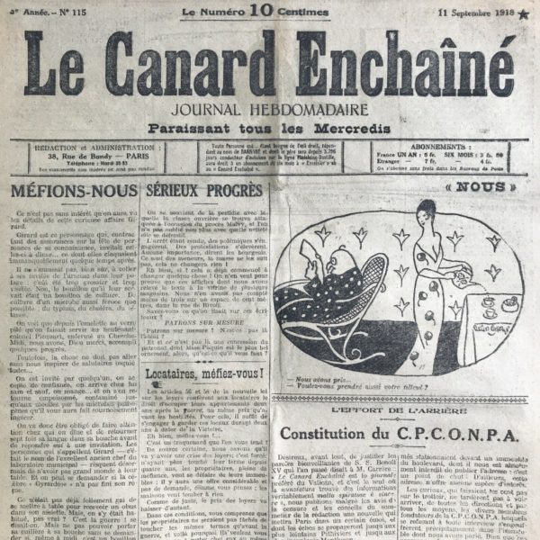 Couac ! | N° 115 du Canard Enchaîné - 11 Septembre 1918 | L'EFFORT DE L'ARRIERE, constitution de la C.P.C.O.N.P.A. de Henri Béraud - Comité pour la Création d'un Ordre destiné à récompenser les Policiers Amateurs. composé de MM Daudet Pérès, Blin, Poë, ...Mmes Paquin, Mistinguett,.... | 115