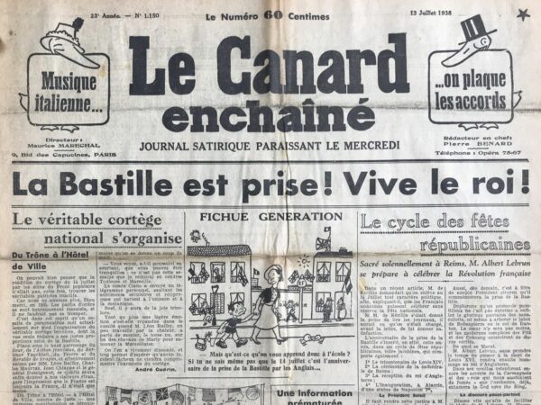 Couac ! | N° 1150 du Canard Enchaîné - 13 Juillet 1938 | L'article Le véritable cortège national s'organise - Du Trône à l'Hôtel de Ville, par André Guérin, publié le 13 juillet 1938 dans Le Canard enchaîné, est une critique acerbe et satirique de la réappropriation par les mouvements d'extrême droite des festivités du 14 juillet, traditionnellement associées à la Révolution française et aux valeurs républicaines. Guérin commence par évoquer l'initiative du Front populaire de rééditer le cortège du 14 juillet, ce qui a incité les "véritables patriotes" à organiser leur propre défilé. Il souligne que cette contre-manifestation est organisée par un comité de personnalités comprenant Léon Bailby, Charles Maurras, Jean Chiappe et le général Duseigneur, tous connus pour leurs sympathies d'extrême droite. L'article décrit le cortège comme étant sous le patronage de publications réactionnaires et fascistes, telles que Jour, L'Action française, le Berliner Tageblatt, le Tevere et le Heraldo de Aragón. Guérin se moque de l'idée que ce cortège pourrait donner l'impression que "la France est toujours la France" en ridiculisant ses objectifs et ses participants. Il détaille ensuite le parcours du cortège, de la place du Trône à l'Hôtel de Ville, et liste les slogans autorisés, tous xénophobes et antisémites, tels que "La France aux Français !", "Mort aux juifs !" et "Les métèques dehors !". Des banderoles afficheront une citation de Mussolini, "Nous sommes les hommes de la canicule", pour renforcer le caractère fasciste de la manifestation. Guérin mentionne aussi la participation de représentants étrangers, tous ennemis de la République française et alliés du fascisme, tels que le général von Reichenau, le général Kindelán et le comte Ciano. Leurs réponses à l'invitation sont décrites de manière ironique, soulignant leur soutien à la cause fasciste et leur mépris pour la France républicaine. Enfin, Guérin termine par une note humoristique en rapportant une anecdote où Léon Bailby, affecté par la chaleur, aurait proposé de monter torse nu sur un cheval pour chanter la Marseillaise, suggestion qui a été vivement découragée pour éviter tout incident fâcheux. En somme, l'article de Guérin utilise le sarcasme pour dénoncer la tentative des mouvements d'extrême droite de s'approprier les célébrations du 14 juillet et de détourner les valeurs républicaines au profit de leur idéologie xénophobe et fasciste. | 1150 e1708169329556