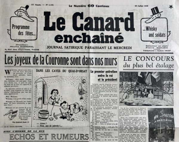 Couac ! | N° 1151 du Canard Enchaîné - 20 Juillet 1938 | L'article d'André Guérin, La nouvelle race italienne, nordique et blonde est entrée dans l'histoire, publié dans Le Canard enchaîné le 20 juillet 1938, utilise la satire pour critiquer la décision de Mussolini d'associer la "race italienne pure" à la race nordique et blonde. L'auteur tourne en dérision cette politique en la présentant comme une transformation radicale imposée aux Italiens fascistes. Guérin commence par décrire l'enthousiasme en Italie suite à cette annonce, où la population se consacre activement à adopter les nouveaux standards raciaux. Il caricature cette adaptation en insinuant que tous les Italiens doivent soudainement avoir des cheveux blonds et des yeux bleus pour être considérés comme des Aryens purs, sous peine de ne pas "apprécier les vérités scientifiques". Pour illustrer ce changement, l'article se moque des ajustements culturels et alimentaires nécessaires : les habitudes culinaires italiennes traditionnelles comme les macaronis et le chianti sont remplacées par des saucisses de Francfort et de la bière de Munich. Même la musique traditionnelle italienne est remplacée par des instruments plus "aryens". Guérin pousse l'absurdité plus loin en mentionnant des mesures draconiennes, comme l'obligation de raser les cheveux et de poncer les crânes en 48 heures, ainsi que l'adoption obligatoire du chapeau à blaireau pour les fonctionnaires fascistes. Les commandements militaires doivent également être donnés dans un italien "épuré" et nordique. L'article souligne également les réactions internationales mitigées, avec des intellectuels juifs français critiquant Hitler mais trouvant Mussolini comme un homme d'État. Cependant, ces opinions sont mises en perspective avec les projets d'expulsion des Juifs d'Italie, ce qui soulève des contradictions évidentes. En conclusion, Guérin utilise l'ironie pour ridiculiser la politique raciale fasciste de Mussolini, mettant en lumière les absurdités et les contradictions d'une tentative de redéfinir l'identité italienne selon des critères raciaux nordiques. L'article se termine par des félicitations satiriques adressées à Mussolini de la part de figures controversées, soulignant l'ambiguïté et la superficialité de ces gestes de soutien. | 1151 1 e1708169449875