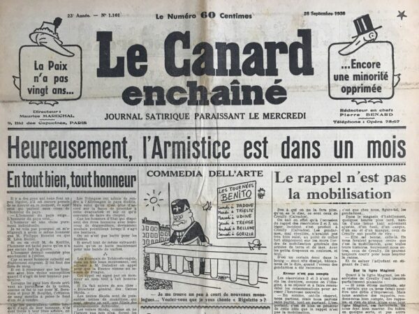 Couac ! | N° 1161 du Canard Enchaîné - 28 Septembre 1938 | S.O.S. ! S.O.S. ! écrit par Pierre Chatelain-Tailhade, publié dans le journal Le Canard enchaîné le 28 septembre 1938. Ce poème exprime un cri de désespoir et de protestation contre la montée de la guerre et l'absence de réaction de la part des intellectuels et des leaders d'opinion de l'époque face à cette menace imminente. Chatelain-Tailhade s'adresse directement aux intellectuels, les appelant à dénoncer la folie de la guerre et à défendre la paix. Il critique ceux qui restent silencieux ou indifférents, les accusant de capituler devant les événements en cours. L'auteur appelle à la mobilisation des consciences et à la prise de parole, même si cela doit se faire dans un contexte hostile ou sans écho immédiat. Le poème met en lumière l'importance de la voix des écrivains, des artistes et des penseurs dans la société, soulignant que leur silence ou leur inaction pourrait être interprété comme une forme de complicité avec la violence et l'oppression. En résumé, "S.O.S. ! S.O.S. !" est un appel passionné à l'action et à la responsabilité morale des intellectuels et des artistes face à la menace de guerre et à la nécessité de préserver la paix. | 1161 e1708178156671