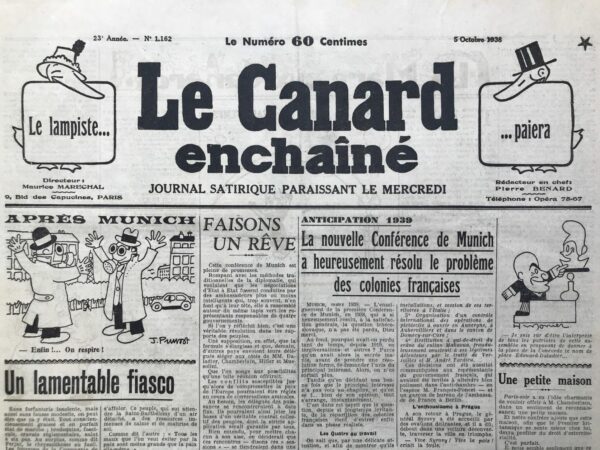 Couac ! | N° 1162 du Canard Enchaîné - 5 Octobre 1938 | Dans cet article satirique de Pierre Bénard intitulé M. Flandin nous explique sa Paix, publié dans Le Canard enchaîné le 5 octobre 1938, l'auteur utilise l'ironie pour critiquer la notion de paix telle que présentée par les politiciens nationalistes et les intellectuels de l'époque. Bénard commence par exprimer son propre étonnement face aux différentes interprétations de la paix après les accords de Munich. Il caricature la réaction initiale du public, y compris la sienne, qui se réjouit de la fin d'une période d'incertitude. Cependant, il souligne rapidement que cette paix, selon des publications comme l'Action Française et d'autres, est loin d'être pacifique. Elle est plutôt vue comme le prélude à une série de mesures extrêmes et oppressives contre divers groupes politiques et sociaux en France. L'article se concentre sur l'interview fictive de Pierre-Étienne Flandin, un politicien réel de l'époque, réputé pour ses positions nationalistes et sa participation à la politique française pendant la Première Guerre mondiale. Bénard le présente comme un partisan fervent de la répression et de la militarisation, opposé aux idées pacifistes. Flandin est dépeint comme défendant les accords de Munich comme la fin du Traité de Versailles, qu'il reconnaît avoir soutenu malgré sa perception de son absurdité. Il critique également d'autres politiques internationales, tout en faisant preuve d'un nationalisme virulent et d'un mépris pour les mouvements pacifistes et sociaux. L'ironie atteint son sommet lorsque Flandin déclare que la véritable paix ne peut être atteinte que par la répression violente et la domination autoritaire. Il prône la militarisation continue, la suppression des droits sociaux acquis par les travailleurs et une répression sévère contre les minorités. En conclusion, l'article tourne en dérision les discours nationalistes et bellicistes de l'époque, soulignant l'absurdité et le danger des politiques de militarisation et de répression prônées au nom de la paix. Il critique également les volte-face opportunistes des politiciens comme Flandin, illustrant ainsi la complexité et les contradictions de la politique européenne à la veille de la Seconde Guerre mondiale. | 1162 1