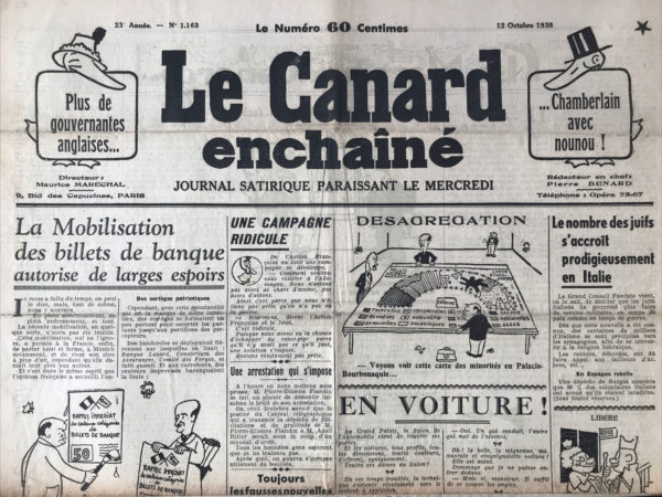 Couac ! | N° 1163 du Canard Enchaîné - 12 Octobre 1938 | Il n'y a pas de quoi se vanter, par Pierre Bénard - est un article satirique et critique écrit par Pierre Bénard, publié dans Le Canard enchaîné le 12 octobre 1938. Il porte sur Georges Bonnet, alors ministre français des Affaires étrangères, et ses actions pendant la crise de Munich en 1938. Bénard critique sévèrement Georges Bonnet pour sa politique et ses déclarations pendant cette période cruciale. Il accuse Bonnet de chercher à se glorifier injustement après les accords de Munich, qui ont permis à l'Allemagne nazie de annexer une partie de la Tchécoslovaquie sans résistance significative des puissances occidentales. L'article dénonce Bonnet pour son manque de fermeté face à l'agression allemande et pour ses mensonges concernant les engagements de la France envers la Tchécoslovaquie. Bénard utilise une série de métaphores et d'analogies pour dépeindre Bonnet comme un opportuniste cherchant à se dédouaner de sa responsabilité tout en cherchant à se faire valoir dans les médias. En résumé, l'article de Pierre Bénard dans Le Canard enchaîné est une critique acerbe de Georges Bonnet, l'accusant de faiblesse politique et de mensonge, et dénonçant son rôle dans les événements qui ont mené à l'annexion de la Tchécoslovaquie par l'Allemagne nazie en 1938. | 1163