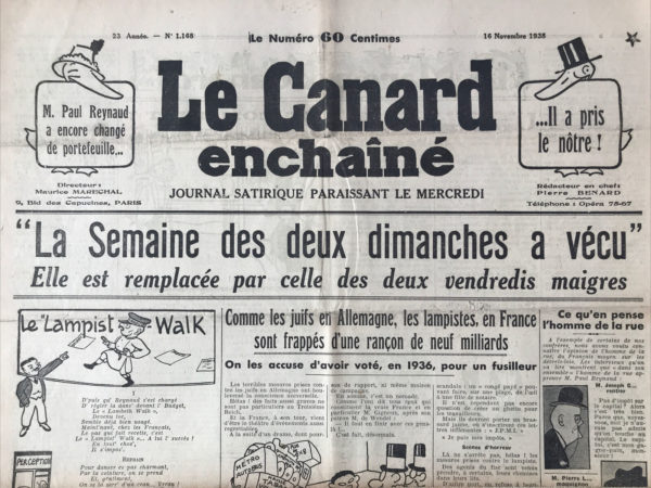 Couac ! | N° 1168 du Canard Enchaîné - 16 Novembre 1938 | L'article de Pierre Bénard, intitulé Comme les juifs en Allemagne, les lampistes, en France sont frappés d'une rançon de neuf milliards, publié dans Le Canard enchaîné du 16 novembre 1938, utilise une satire acerbe pour critiquer les mesures répressives prises à l'encontre des travailleurs modestes en France, comparant leur sort à celui des juifs persécutés en Allemagne nazie. L'article débute en évoquant les mesures discriminatoires prises contre les juifs en Allemagne, notamment la taxation extrêmement lourde imposée aux juifs allemands après un incident dont ils n'étaient pas responsables. Il établit ensuite un parallèle ironique avec les lampistes en France, une classe sociale modeste et influente politiquement, bien que souvent méprisée par les élites. Un lampiste est décrit comme un individu sans grande influence, bien que possédant le droit de vote. L'article critique les politiciens qui se détournent rapidement de leurs électeurs après les élections et pactisent avec leurs adversaires politiques, illustrant ainsi le cynisme de la politique française de l'époque. L'incident principal mentionné dans l'article concerne le soutien involontaire des lampistes à un politicien surnommé "le fusilleur", qui a réprimé violemment des manifestations. Ce soutien a conduit à des conséquences économiques désastreuses pour les lampistes, accusés d'avoir provoqué une fuite des capitaux à l'étranger. Les mesures punitives annoncées par le gouvernement, notamment la taxation lourde et la suppression de congés payés, sont décrites de manière sarcastique comme des formes de persécution économique et sociale des lampistes. L'article dénonce également les licenciements massifs dans divers secteurs et les conditions de travail précaires imposées aux lampistes, parallèlement aux persécutions subies par les juifs en Allemagne. En conclusion, l'article de Pierre Bénard dépeint de manière satirique et critique les injustices sociales et économiques imposées aux lampistes en France, tout en utilisant l'ironie pour souligner les similitudes troublantes avec les persécutions subies par les juifs en Allemagne nazie. | 1168