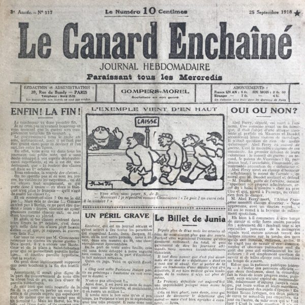 Couac ! | N° 117 du Canard Enchaîné - 25 Septembre 1918 | OUI OU NON ? par Henri Béraud - Au sujet de la mort au champ d'honneur du député Abel Ferry, qualifié peu de temps avant de "défaitiste" par Charles Maurras et Léon Daudet. | 117