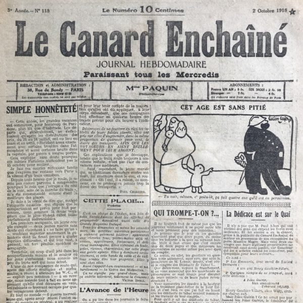 Couac ! | N° 118 du Canard Enchaîné - 2 Octobre 1918 | LA TOURNEE, par Henri Béraud - Un poilu dans un bar en discussion avec les habitués, qui déplorent que la presse ne relate plus de "crimes épatants", "arrestations mouvementées", ... mais seulement la guerre. | 118