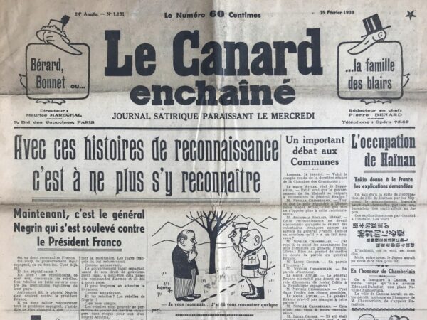 Couac ! | N° 1181 du Canard Enchaîné - 15 Février 1939 | Salauds d'Espagnols ! par Pierre Bénard - Dans "Salauds d'Espagnols !", Pierre Bénard, avec un ton sarcastique et incisif, critique la xénophobie et l'hypocrisie des Français qui accusent les réfugiés espagnols de tous les maux, y compris la hausse du coût de la vie. En ridiculisant les arguments fallacieux selon lesquels les réfugiés seraient responsables de l'augmentation des prix, Bénard expose l'absurdité de telles accusations et l'hypocrisie des spéculateurs économiques. Il se moque également des préoccupations absurdes des élites, comme le coût du homard Thermidor, face à la misère des réfugiés. L'auteur souligne l'incohérence des critiques qui qualifient les réfugiés de lâches lorsqu'ils fuient et d'emmerdeurs lorsqu'ils résistent. Il utilise une scène poignante, où un général français félicite un officier franquiste pour sa prétendue humanité tandis qu'un enfant mutilé par les nationalistes espagnols meurt à Perpignan, pour exposer la cruauté et l'hypocrisie des propos anti-réfugiés. Bénard conclut en condamnant la déshumanisation des réfugiés espagnols et appelle à une prise de conscience de leur souffrance. En utilisant l'ironie et le réalisme brutal, il dénonce l'inhumanité des accusations portées contre eux et appelle à une réaction empathique et solidaire. | 1181 e1708178857830