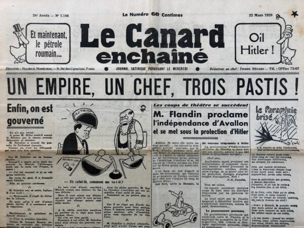 Couac ! | N° 1186 du Canard Enchaîné - 22 Mars 1939 | André Guérin, dans son article Le gouvernement se prépare à fêter avec éclat Sainte-Anastasie, publié dans Le Canard Enchaîné le 22 mars 1939, utilise un ton satirique pour critiquer le contrôle de l'information par le gouvernement français sous Edouard Daladier. L'article tourne en dérision la mise en place d'un "Service officiel d'information" à la Présidence du Conseil, équipé de "ciseaux et caviar", destiné à filtrer et manipuler les nouvelles. Guérin ironise sur l'absence de censure formelle mais souligne le contrôle strict exercé sur les informations diffusées au public. Il se moque de l'idée que des nouvelles pourraient être sélectionnées uniquement selon les préférences du gouvernement, comme illustré par la gestion des rumeurs concernant la Tchécoslovaquie par Georges Bonnet. L'article critique également la façon dont le gouvernement minimise les informations sensibles pour éviter les critiques et maintenir une façade d'ordre et de contrôle. Guérin utilise l'humour pour souligner l'absurdité et les implications de telles pratiques dans un contexte où la guerre semble de plus en plus probable en Europe. En résumé, l'article d'André Guérin met en lumière de manière satirique les méthodes de contrôle de l'information par le gouvernement français à l'approche de la Sainte-Anastasie, illustrant les tensions et les manipulations politiques de l'époque pré-guerre. | 1186 1