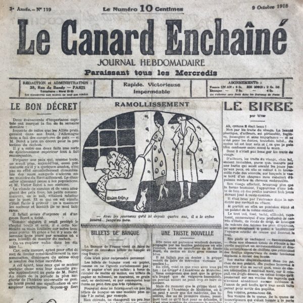 Couac ! | N° 119 du Canard Enchaîné - 9 Octobre 1918 | Nos Exemplaires du Canard Enchaîné sont archivés dans de bonnes conditions de conservation (obscurité, hygrométrie maitrisée et faible température), ce qui s'avère indispensable pour des journaux anciens. | 119