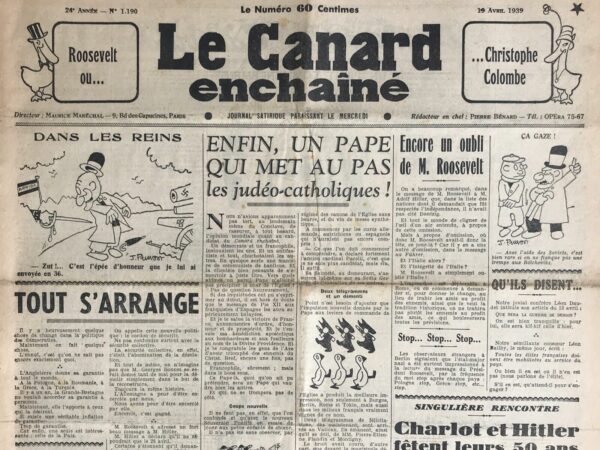 Couac ! | N° 1190 du Canard Enchaîné - 19 Avril 1939 | Charlot et Hitler fêtent leurs 50 ans - R. Tréno - Anticonformiste, anticlérical, antifasciste, anticapitaliste, révolutionnaire... Charlot avait beaucoup d’arguments pour plaire au Canard, qui lui fit honneur plusieurs fois dans ses colonnes, lors des années 1920-1930 notamment. L'histoire commença avec le No 273 du 21 septembre 1921 et un article de Maurice Charriat (alias Coriem) sur la visite à Paris de Chaplin, mondialement auréolé des succès de "Charlot soldat" (sorti en octobre 1918) et de "The Kid" (sorti en janvier 1921).  Le 18 mars 1936 (No 1029), c'est au tour d'Henri Jeanson de saluer "Les Temps modernes", "une féerie réaliste inspirée par la crise, le chômage, la misère, l'injustice et la bêtise".  "Que serait le cinéma sans Charlie Chaplin ?" s'interroge Jeanson, qui s'y connaissait aussi un peu en la matière, lui le dialoguiste de "Pépé le Moko", "Entrée des artistes", "Hôtel du Nord"... Puis, dans ce No 1190 du 19 avril 1939, c'est R. Tréno (futur rédacteur en chef et directeur du journal) qui célèbre la sortie de "Le Dictateur", ou comment "faire rigoler l'humanité" par des temps aussi tragiques, avec une simple moustache et une gestuelle de génie.  Mais le Canard se permit aussi de brocarder Chaplin, dans les numéros 769 et 770 des 25 mars et 1er avril 1931, avec des dessins d'Henri Guilac et Pol Ferjac, pour avoir accepté la Légion d'honneur des mains d'Aristide Briand.  Le Canard n'a jamais fait le Charlot avec les breloques...  SP | 1190 e1708179609447