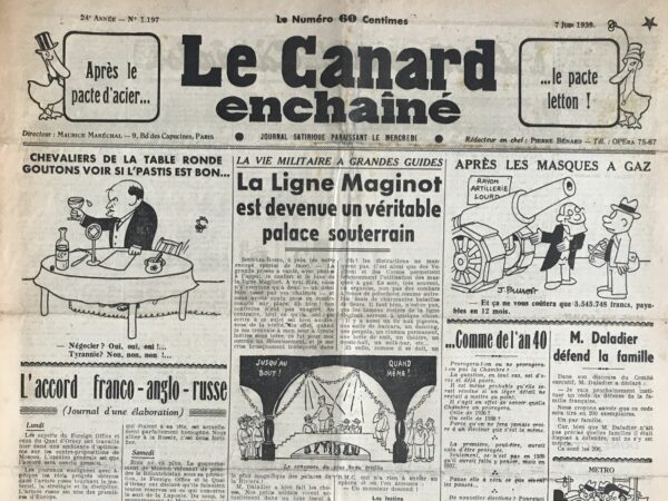 Couac ! | N° 1197 du Canard Enchaîné - 7 Juin 1939 | L'article La vie militaire à grandes guides,  La Ligne Maginot est devenu Un véritable palace souterrain -  par Roger Salardenne, publié dans Le Canard enchaîné le 7 juin 1939, propose une description satirique et exagérée du confort prétendument luxueux de la Ligne Maginot, une ligne de fortifications militaires françaises. L'auteur utilise un ton humoristique pour critiquer la manière dont les médias et les responsables politiques vantent les conditions de vie des soldats. Salardenne commence par exprimer son scepticisme initial face aux descriptions élogieuses de la Ligne Maginot, mais il affirme rapidement que la réalité dépasse même les récits les plus flatteurs. En tant qu'envoyé spécial, il décrit avec un grand étonnement les aménagements luxueux qu'il découvre sous terre. Confort individuel L'auteur commence par visiter une chambre de soldat de deuxième classe, qu'il décrit comme un "cosy-corner de première ligne" venant de chez Lévitan. Il observe un soldat nonchalamment allongé sur un divan, fumant une cigarette Abdullah à bout doré, et offrant du porto dans des "quarts en vieil argent". Les livres de chevet sont magnifiquement reliés en peau de chagrin, comprenant des titres comme "Croix de bois" et "Le Manuel du Fantassin". Le living-room La visite continue au "Lido de la section", une piscine luxueuse avec un bar américain. Salardenne décrit des hommes en "bourgeron-smoking" dégustant des cocktails. Il assiste à un concours d'élégance pour le plus beau treillis, présidé par André de Fouquières. Les distractions ne manquent pas, avec des activités variées comme des batailles de fleurs et l'utilisation de masques à gaz pour les "Corsos". Les installations supplémentaires L'auteur énumère ensuite une série d'installations extravagantes : une salle de baccara, un dancing, une pergola, un cinéma permanent, une boîte de nuit, un théâtre, un music-hall, et un milk-bar. Les repas sont servis dans une salle digne des grands hôtels, avec des tables élégantes et des gamelles en platine. Le salon de coiffure Enfin, Salardenne visite un salon de coiffure luxueux où des fantassins reçoivent des soins tels que des permanentes et des manucures. Un troupier exprime sa mélancolie à l'idée de quitter cette "existence édénique" pour retourner à la vie civile. En conclusion, l'article de Salardenne utilise l'ironie pour critiquer l'idéalisation des conditions de vie militaire et la déconnexion entre les récits officiels et la réalité vécue par les soldats. L'exagération des commodités et des distractions sert à souligner l'absurdité de ces descriptions et à questionner la véritable qualité de vie dans la Ligne Maginot. | 1197 e1708179746886