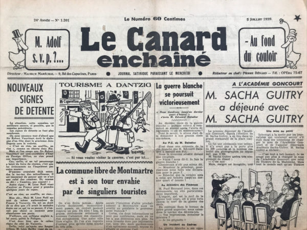 Couac ! | N° 1201 du Canard Enchaîné - 5 Juillet 1939 | L'article Réunis en Congrès extraordinaire les rédacteurs du "Canard" confirment le "Neutrality Act" par A. Breffort, publié le 5 juillet 1939, adopte un ton satirique pour traiter des débats internes au *Canard enchaîné* concernant la neutralité à adopter en cas de guerre. L'histoire commence avec l'annonce de l'approbation par la Chambre américaine de la révision de la loi de neutralité proposée par M. Bloom. Immédiatement, les rédacteurs du *Canard* se réunissent pour discuter de leur propre position en cas de conflit. Le ton est léger et humoristique, avec des personnages excentriques et des situations absurdes. Pierre Bénard, le rédacteur en chef, ouvre les débats en se levant pour dissiper toute ambiguïté sur leur position. André Guérin propose l'utilisation humoristique de la "fable-express" pour transporter des calembours, ce qui montre l’absurdité des discussions sur des sujets graves de manière légère. Buzelin rappelle la nécessité de maintenir la neutralité, même si des chroniques rimées pourraient être acceptables tant qu'elles n'entraînent pas de conséquences mortelles. Le grand-père Zig, personnage pittoresque, s'oppose à l'isolationnisme total, craignant les conséquences d'une victoire fasciste en Europe, ce qui provoquerait une répression accrue et des mesures sévères. Sa diatribe passionnée suscite une réaction houleuse dans l'assemblée. L'article continue avec des incidents cocasses, comme Jules Rivet demandant l'annulation des dettes du *Canard* et un fournisseur arrogant réclamant le paiement d'une facture de vin. Finalement, sous l'insistance d'Auguste et avec l'approbation de Tréno, le Congrès décide de prendre une décision immédiate, concluant la séance par un moment convivial autour d'une caisse de juliénas. Ce texte utilise l'humour pour critiquer la politique d'apaisement et l'attitude des intellectuels non mobilisables face à la montée des tensions en Europe, tout en soulignant l'absurdité et l'hypocrisie des débats politiques de l'époque. | 1201