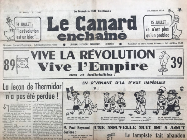 Couac ! | N° 1202 du Canard Enchaîné - 12 Juillet 1939 | L'article Une nouvelle nuit du 4 août, Le lampiste fait abandon de ses privilèges sur l'autel de la patrie par R. Tréno, publié dans Le Canard enchaîné le 12 juillet 1939, utilise la satire pour commenter les événements politiques de l'époque, notamment la politique intérieure française et la rhétorique égalitaire affichée par le gouvernement Daladier. Le texte commence par rappeler l'importance historique de la Nuit du 4 août 1789, où les privilèges féodaux furent abolis, et suggère que le gouvernement de 1939 a cherché à recréer cet événement symbolique. Cependant, l'auteur souligne immédiatement l'ironie de la situation : dans une France prétendument égalitaire, trouver des privilégiés à sacrifier semble une tâche ardue. Cette difficulté est exacerbée par les lois sociales et fiscales qui, en théorie, traitent tous les Français sur un pied d'égalité, que ce soit des ouvriers ou des financiers. La pièce maîtresse de cette satire est l'identification du "lampiste" comme le privilégié à sacrifier. Ce choix illustre l'absurdité de la situation, car un lampiste, représentant typiquement un travailleur ordinaire, est loin d'être un privilégié dans la réalité. Le gouvernement, représenté par Daladier et Reynaud, organise une cérémonie où le lampiste renonce solennellement à ses "privilèges" comme les 40 heures de travail par semaine, les congés payés, et même son droit de vote pour l'année suivante. L'auteur brosse un tableau hilarant de la cérémonie, mettant en scène des "victimes" des lois sociales, comme des patrons et des financiers qui se plaignent des contraintes imposées par la réglementation du travail. La réaction exagérée de l'audience face au renoncement du lampiste aux privilèges sociaux illustre le sarcasme de Tréno : les vrais bénéficiaires du système sont ceux qui possèdent le pouvoir économique, et non les travailleurs ordinaires. | 1202