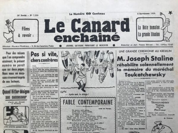 Couac ! | N° 1210 du Canard Enchaîné - 6 Septembre 1939 | Numéro imprimé sur 2 pages (au lieu de 4), à cause de la censure. | 1210