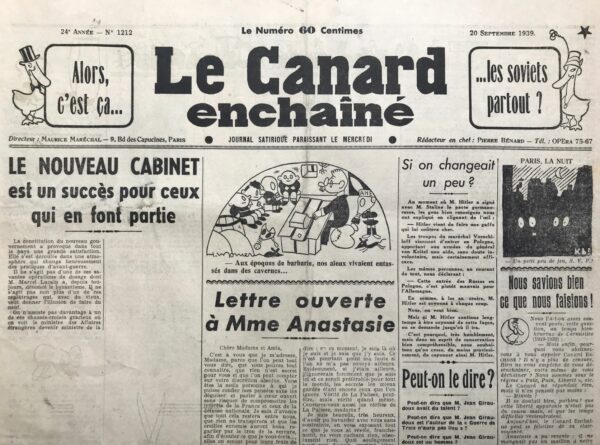 Couac ! | N° 1212 du Canard Enchaîné - 20 Septembre 1939 | A la manière de Mme Geneviève Tabouis, par R. Tréno - Madame Tabouis, collaboratrice au journal L'Oeuvre,  avait la réputation de voyante, sachant tout sur tout. Tréno la met ici gentiment en boîte dans un pastiche à peine forcé... Adolf Hitler lui-même l’attaque dans un discours du 1er mai 1939 avec un commentaire sarcastique : « … Madame Tabouis, la plus intelligente des femmes, sait ce que je vais faire avant que je le sache moi-même. C’est ridicule… ». Pour son esprit critique et par jalousie peut-être, on l'a accusée longtemps d'être un agent soviétique. | 1212 e1710665819317