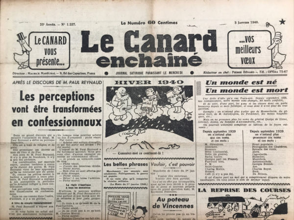 Couac ! | N° 1227 du Canard Enchaîné - 3 Janvier 1940 | L'article ON CHERCHE UN FOU de R. Tréno, publié dans "Le Canard Enchaîné" le 3 janvier 1940, est une satire qui joue sur l'idée de trouver un véritable "fou" pour occuper un poste ambigu et problématique auprès du président du Conseil français, probablement Édouard Daladier à l'époque. Tréno commence par rapporter sérieusement une demande de Henri de Kérillis, où celui-ci interroge le président du Conseil sur l'existence éventuelle d'un "vrai fou" dans son entourage. Cette question sérieuse est rapidement perçue comme une blague ou une provocation, mais Tréno insiste sur le sérieux initial de la question posée. L'article continue en décrivant l'embarras et les suspicions que cette question a suscités parmi l'entourage de Daladier. Des conversations maladroites et des tentatives de diagnostic psychiatrique ont même eu lieu pour certains individus mentionnés dans l'article, comme Ferdiand Lop. Ensuite, Tréno présente des lettres parvenues à la présidence du Conseil, offrant des candidatures pour le poste de "fou attitré". Ces lettres sont toutes des plaisanteries ou des déclarations extravagantes de personnes s'auto-proclamant aptes pour ce rôle, telles que "Casimir", un ancien colonel de réserve, et un anonyme se référant à des intrigues politiques. L'article se termine par une anecdote humoristique où un individu, confronté au paiement de sa consommation dans un café, répond avec une phrase patriotique, ce qui lui vaut d'être dirigé immédiatement vers la présidence du Conseil comme candidat potentiel. En résumé, "ON CHERCHE UN FOU" de R. Tréno est une satire qui critique subtilement la politique et les intrigues entourant le gouvernement français à l'époque, en utilisant l'idée humoristique de chercher un "fou" pour illustrer les absurdités et les contradictions de la politique et de la société de l'époque. | 1227