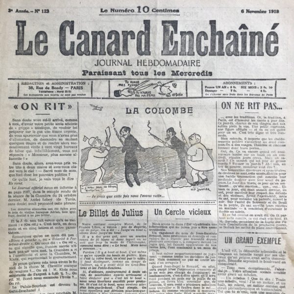 Couac ! | N° 123 du Canard Enchaîné - 6 Novembre 1918 | Nos Exemplaires du Canard Enchaîné sont archivés dans de bonnes conditions de conservation (obscurité, hygrométrie maitrisée et faible température), ce qui s'avère indispensable pour des journaux anciens. | 123