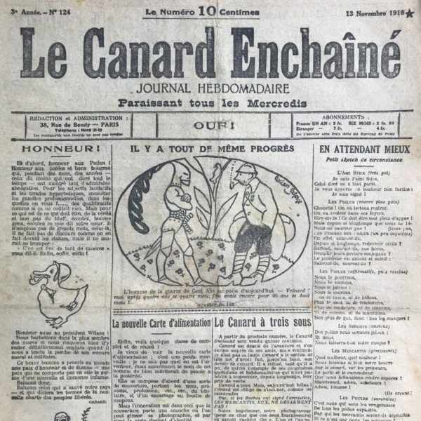 Couac ! | N° 124 du Canard Enchaîné - 13 Novembre 1918 | Numéro de l'Armistice....."OUF" Un noble exemple, M. LEON DAUDET S'ENGAGE POUR LA DUREE DE LA PAIX, par Henri Béraud - | 124