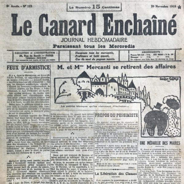 Couac ! | N° 125 du Canard Enchaîné - 20 Novembre 1918 | FEUX D'ARMISTICE, par Henri Béraud - Vive satire du mercanti, enrichi de toutes les saloperies vendues aux poilus en toute simplicité, et qui pleure à présent, en attendant la prochaine... | 125