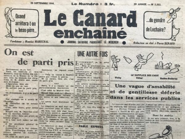 Couac ! | N° 1252 du Canard Enchaîné - 20 Septembre 1944 | On est de parti pris - Cet article de Pierre Benard critique avec ironie et sarcasme les préjugés et les partis pris dans le jugement des individus pendant et après l'Occupation. Il mentionne des exemples de partialité dans la manière dont certains sont jugés, comme le cas de Marcel Déat et de ses collaborateurs. L'article souligne les contradictions dans la perception des personnes et des actions pendant cette période troublée de l'histoire française. Il pointe du doigt l'hypocrisie de ceux qui condamnent certains individus tout en fermant les yeux sur d'autres comportements douteux. Enfin, l'article met en lumière l'absurdité de ne pas remettre en question les actions passées et l'importance de reconnaître les nuances de chaque situation. | 1252