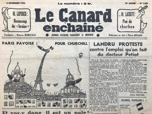 Couac ! | N° 1259 du Canard Enchaîné - 8 Novembre 1944 | Les millions prennent le maquis - Cet article satirique de R. Tréno met en scène une vision humoristique de la façon dont certains individus fortunés ont réagi face aux mesures prises par le gouvernement pour confisquer les richesses illicites pendant la période de l'après-guerre. L'article décrit sarcastiquement comment ces individus riches ont anticipé les mesures gouvernementales en organisant une « résistance au fisc », comparable à une nouvelle forme de résistance clandestine. Les termes utilisés pour désigner les différentes organisations clandestines, comme les F. P. (Fric, Trésor Pépettes) et les P. T. F. (Planque ton fric), ainsi que les noms humoristiques des chefs de ces groupes, contribuent à créer une atmosphère comique et caricaturale. L'article met également en avant l'ingéniosité des individus pour dissimuler leurs richesses, avec des descriptions fantaisistes de leurs cachettes, telles que des collections de timbres, des tableaux de maîtres et des diamants. L'attitude fière et arrogante des personnages, qui se vantent de la sécurité de leurs cachettes et se moquent des tentatives de contrôle, renforce l'aspect satirique de l'ensemble. Enfin, l'article se termine sur une note ironique avec la réaction des personnages à l'annonce d'un nouvel emprunt par le gouvernement, exprimant leur satisfaction quant à la possibilité d'utiliser ces emprunts comme de nouvelles cachettes pour leurs richesses. | 1259