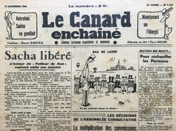 Couac ! | N° 1260 du Canard Enchaîné - 15 Novembre 1944 | De l'acier à la tôle - Cet article satirique dépeint de manière ironique les liens entre certains industriels français et allemands pendant la période de la Seconde Guerre mondiale. Il met en avant le personnage d'Hermann Rochling et de son neveu Ernest Rochling, présentés comme des individus opportunistes et sans scrupules, profitant des circonstances politiques pour servir leurs propres intérêts financiers. Le texte dénonce avec ironie la collaboration de certains politiciens français, comme Georges Bonnet et René Brunet, avec les intérêts allemands représentés par les Rochling. Il ridiculise également le comportement de la bourgeoisie française, qui continue de fréquenter les cercles de pouvoir allemands même après l'occupation. La mention de l'attentat contre Hitler et l'arrestation d'Ernest Rochling par la Gestapo ajoutent une touche de suspense à l'ensemble, laissant planer le mystère sur les véritables motivations et implications des personnages. Enfin, l'article souligne l'impunité dont ont bénéficié certains individus impliqués dans des affaires louches, malgré les mandats d'amener décernés à leur encontre, illustrant ainsi la corruption et l'injustice qui régnaient à l'époque. | 1260