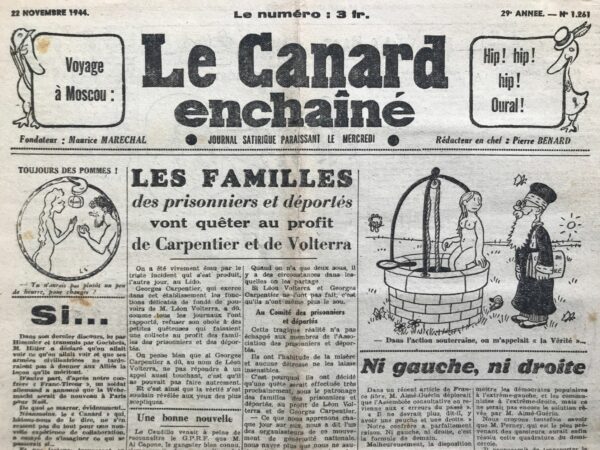 Couac ! | N° 1261 du Canard Enchaîné - 22 Novembre 1944 | Avant le voyage à Moscou du général de Gaulle - Les peuplades de l'Orient barbare ont des mœurs terrifiantes, par Yves Grosrichard - Cet article est une satire humoristique qui dépeint de manière exagérée et ironique l'expérience supposée du général de Gaulle et de Georges Bidault lors de leur voyage en URSS. Le ton du texte est sarcastique dès le début, soulignant le soi-disant courage des deux hommes d'État français à se rendre en Union soviétique. L'auteur exagère la situation en décrivant l'URSS comme une contrée mystérieuse et barbare, utilisant des expressions telles que "mystérieuses steppes de l'Orient barbare" pour renforcer cet aspect. La description de l'arrivée en train dans une ville soviétique, avec des habitants étrangement vêtus et des coutumes bizarres, amplifie l'effet comique. Les références aux apparences étranges des habitants, à leur nourriture, à leurs outils et à leurs habitudes de sommeil ajoutent à la caricature de la culture soviétique. L'auteur joue sur les stéréotypes et les préjugés occidentaux sur l'Union soviétique pour créer une image absurde et humoristique de ce pays, insinuant que les Français, en tant qu'Occidentaux, seraient choqués par ces pratiques primitives et étranges. En résumé, l'extrait utilise l'humour et l'ironie pour tourner en dérision les clichés sur l'URSS et pour présenter de manière exagérée l'idée que le voyage de de Gaulle et Bidault en Union soviétique serait une aventure risquée et étrange. | 1261