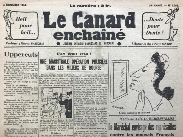 Couac ! | N° 1263 du Canard Enchaîné - 6 Décembre 1944 | Charbon = Sucre = Charbon - Dans un ballet aussi absurde que comique, l'article de Tréno nous plonge dans une situation où le charbon devient l'équivalent du sucre, et vice versa. Avec un humour piquant, l'auteur nous raconte comment le charbon destiné à chauffer les administrations publiques se retrouve finalement aux raffineries pour produire du sucre, dans un échange aussi déconcertant que burlesque. À travers des citations telles que "Apportez-moi du sucre, et on s'arrangera", l'article souligne l'ironie et l'absurdité d'une situation où l'accès à un élément dépend directement de la disponibilité de l'autre. Cette cascade de quiproquos laisse perplexe, mais aussi hilare, démontrant avec brio le caractère cocasse et surréaliste de cette épopée charbon-sucre. | 1263