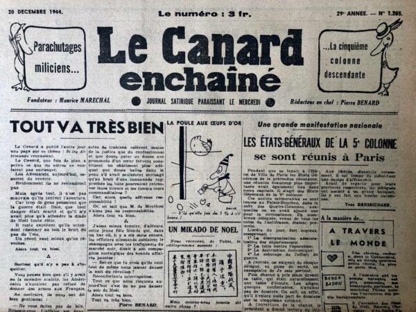 Couac ! | N° 1265 du Canard Enchaîné - 20 Décembre 1944 | Tout va très bien - Tréno nous régale encore une fois avec son humour caustique dans cet article publié par Le Canard. En imaginant un retour hypothétique des Allemands, il nous rappelle avec ironie que même dans les périodes les plus sombres, un réveil vaut mieux qu'un réveillon. Avec un ton sarcastique, il souligne le contraste entre les discours rassurants des autorités et la réalité complexe de la situation. Les propos des Américains et des autorités françaises, loin d'exprimer une réelle préoccupation, semblent plutôt inspirés par un désir de tranquillité et de retour à la normale. Tréno nous invite également à réfléchir sur la clémence accordée aux collaborateurs notables, contrastant avec la sévérité réservée aux résistants. En concluant sur une note légère, avec l'interrogation d'une jeune fille sur la possibilité de danser le soir du réveillon malgré la situation, Tréno nous rappelle que même dans les temps les plus incertains, il reste de la place pour l'espoir et l'humour. | 1265 3 rotated