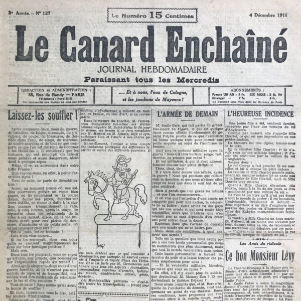 Couac ! | N° 127 du Canard Enchaîné - 4 Décembre 1918 | Nos Exemplaires du Canard Enchaîné sont archivés dans de bonnes conditions de conservation (obscurité, hygrométrie maitrisée et faible température), ce qui s'avère indispensable pour des journaux anciens. | 127