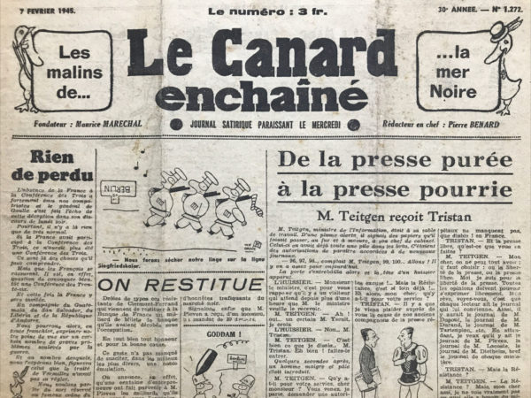 Couac ! | N° 1272 du Canard Enchaîné - 7 Février 1945 | L'article La rebelle au bois dormant de R. Tréno, publié dans Le Canard Enchaîné le 7 février 1945, critique de manière acerbe et satirique la gestion post-libération par les ministres français et les tensions avec les anciens résistants. Tréno commence par évoquer les critiques à l'encontre des ministres tels que René Mayer, Teitgen et Lacoste, soulignant leur incompétence perçue et les promesses non tenues. Il fait ensuite référence à un pamphlet d'Indomitus (alias Philippe Viannay) intitulé "Nous sommes les rebelles", qui dénonce l'attitude des anciens résistants et leur mise à l'écart par le gouvernement de De Gaulle. Indomitus accuse le gouvernement d'avoir utilisé la Résistance comme un simple outil pour atteindre le pouvoir, puis de l'avoir marginalisée une fois l'objectif atteint. Il affirme que les véritables esprits de la Résistance, comme M. de Menthon, Capitant, et Bidault, ont été intégrés au gouvernement non pas pour leur esprit révolutionnaire, mais pour mieux les contrôler et les endormir politiquement. Il décrit ce phénomène comme "la rebelle au bois dormant", une métaphore de la mise en sommeil de l'esprit de la Résistance. L'article poursuit en comparant la situation française à celle d'autres pays comme la Belgique et la Grèce, où les changements politiques post-libération ont été plus radicaux. Il critique la lenteur et l'inefficacité de la justice française, illustrée par des innocents toujours emprisonnés et des coupables non punis. Enfin, Tréno cite Indomitus sur la relation entre le gouvernement et la presse, dénonçant le mépris des autorités pour les voix dissidentes et leur tentative de réduire la presse au silence. Il termine par une mise en garde contre la continuation de la logique pétainiste, sous une forme différente, par le gouvernement actuel. L'article utilise un ton sarcastique et critique pour dénoncer la récupération de la Résistance par le gouvernement, la trahison des idéaux résistants, et la manipulation politique visant à endormir toute opposition. | 1272