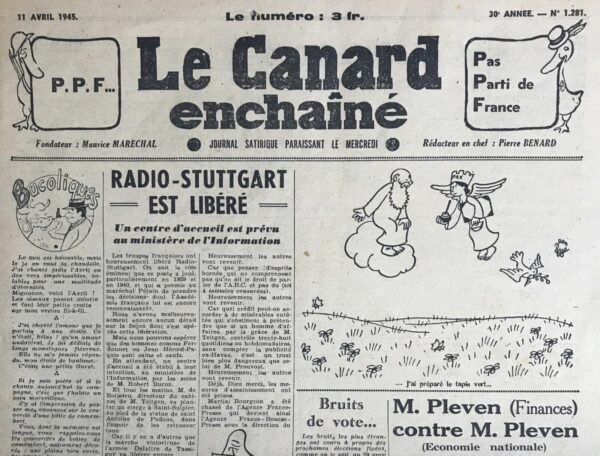 Couac ! | N° 1281 du Canard Enchaîné - 11 Avril 1945 | L'article de Claude Martial, La grande pitié des frères de Wendel: Ils en sont réduits, pour vivre. à réclamer quelques millions à un de nos confrères, publié le 11 avril 1945 dans *Le Canard Enchaîné*, est une critique acerbe de l'élite industrielle française de l'époque, en particulier des membres du Comité des Forges. Martial se sert de l'ironie pour dénoncer l'absurdité et le cynisme des revendications des industriels face aux réalités de la Libération et de la justice démocratique. Martial commence en décrivant une situation "scandaleuse" où des résistants, décrits de manière dépréciative comme des "énergumènes, hirsutes et mal cravatés", forcent les riches industriels à réclamer des millions en dommages-intérêts. Cette introduction sarcastique prépare le terrain pour le reste de l'article, où l'auteur se moque des prétendues souffrances des industriels. Les frères de Wendel, François, Humbert, et Maurice, sont présentés comme des victimes de la Libération, forcées de restreindre leur mode de vie luxueux. Ils se plaignent de devoir réduire leur personnel domestique et de devoir vivre dans leurs châteaux. Cette description souligne le décalage entre leurs plaintes et les véritables difficultés vécues par la majorité de la population française à l'époque. L'auteur continue en ridiculisant le procès que les industriels intentent pour obtenir des millions en compensation. Il juxtapose la richesse ostentatoire des industriels avec leurs revendications financières, notamment en mentionnant comment le Comité des Forges payait autrefois les journaux pour obtenir un traitement favorable. Cette critique révèle la corruption et le pouvoir des industriels avant la Libération. Martial continue son article en visitant d'autres membres de l'élite industrielle, comme le baron Petiet et M. Théodore Laurent. Chacun d'eux est présenté comme étant en situation de détresse financière, cherchant à bénéficier des aides sociales ou des retraites pour travailleurs âgés. Ces descriptions ironisent sur la situation en soulignant l'absurdité de leur prétendue pauvreté. La dernière partie de l'article se concentre sur la réaction des industriels à la critique et aux actions des résistants. Martial met en évidence le mépris des industriels envers ceux qui ont souffert sous l'occupation, tout en se posant eux-mêmes en victimes. L'ironie est particulièrement mordante lorsque H. de Wendel, croisé dans le métro, se plaint de devoir vendre des actions pour survivre. En conclusion, Claude Martial utilise l'ironie et la satire pour critiquer l'arrogance et le cynisme de l'élite industrielle française de l'époque. En exagérant les plaintes des riches industriels et en contrastant leurs revendications avec la réalité des souffrances de la guerre et de l'occupation, Martial expose les injustices et les absurdités de la situation post-libération en France. | 1281 e1679071714519