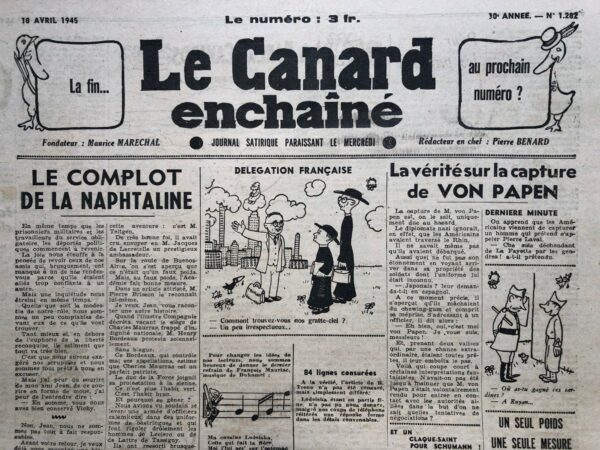 Couac ! | N° 1282 du Canard Enchaîné - 18 Avril 1945 | Les enfants de l'enfer - L'article de Huguette ex-MICRO dans *Le Canard Enchaîné* du 18 avril 1945 propose une critique des *Enfants du Paradis*, film écrit par Jacques Prévert. Huguette commence par une conversation avec Prévert, où il exprime sa frustration face à la critique contemporaine. Il déplore l'absence de critiques franches, où les gens expriment directement leurs préférences. Suivant le conseil de Prévert, Huguette aborde sa critique de manière personnelle et subjective, en énonçant clairement ce qu'elle aime et n'aime pas dans le film. Elle apprécie particulièrement le décor choisi par Prévert, le boulevard du Crime, avec son atmosphère animée et colorée. Elle loue aussi l'alternance entre les scènes de théâtre et celles de la vie réelle, qui se prolongent mutuellement, ainsi que les dialogues, qu'elle trouve admirables et surprenants. Huguette voit le film comme une confession de Prévert, où il se révèle entre les lignes. Cependant, elle critique le manque de structure narrative et d'anecdotes, regrettant l'absence d'une véritable histoire. Elle exprime son désaccord avec la fin du film, la trouvant trop théâtrale et comparable à *Les Trois Masques* de Charles Méré, ce qui la déçoit. Malgré ses critiques, Huguette conclut que *Les Enfants du Paradis* est un film qu'elle apprécie malgré ses défauts, illustrant une forme d'amour cinématographique où les défauts sont pardonnés en raison des qualités. Elle admet ainsi que son jugement personnel et les imperfections du film n'enlèvent rien à son affection pour l'œuvre de Prévert. | 1282 1