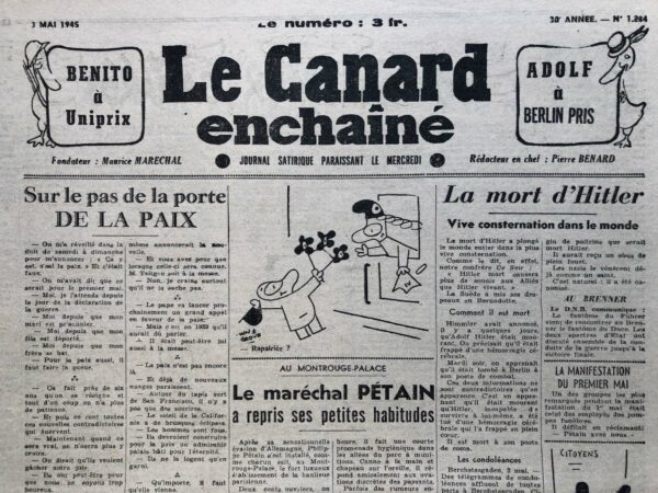 Couac ! | N° 1284 du Canard Enchaîné - 3 Mai 1945 | L'article de Roger Salardenne, intitulé "AU MONTROUGE-PALACE Le maréchal PÉTAIN a repris ses petites habitudes", publié dans Le Canard Enchaîné le 3 mai 1945, se distingue par son ton satirique et ironique en décrivant le quotidien de Philippe Pétain après son installation au Fort de Montrouge. Salardenne rebaptise ironiquement ce lieu de détention "Montrouge-Palace", sans doute par allusion au cinéma portant ce nom dans le XIVe arrondissement, pour accentuer le contraste entre la réalité de l'incarcération et la description luxueuse et comique qu'il en fait. L'auteur commence par dépeindre l'installation de Pétain au fort, soulignant l'effort considérable déployé pour préparer ses appartements. En mentionnant les « cinq portes condamnées pour intelligences avec l'ennemi », Salardenne introduit d'emblée une ironie mordante, rappelant subtilement les accusations de collaboration qui pèsent sur le maréchal. Le quotidien de Pétain est décrit de manière caricaturale, évoquant ses promenades hygiéniques et ses salutations amicales aux passants, ce qui contraste fortement avec la réalité de son passé controversé. La référence aux « rumeurs enthousiastes » et le sourire orgueilleux de Pétain soulignent l'absurdité de la situation, où un homme responsable de tant de souffrances continue de vivre dans une certaine sérénité et reconnaissance. Salardenne poursuit en détaillant les visites que reçoit Pétain, dont celles de figures importantes comme l'amiral Leahy et le nonce du pape, mais il ne manque pas d'ajouter une touche d'humour noir avec l'incident du directeur de l'administration pénitentiaire nommé Amor, dont le nom semble ironique dans ce contexte. La mention finale de la décoration du gardien de la poudrière par Pétain avec la francisque gallique, symbole de l'État français de Vichy, renforce le ton sarcastique de l'article. Salardenne ridiculise ainsi la prétendue grandeur et les honneurs que Pétain continue de recevoir malgré son rôle déshonorant pendant la guerre. En somme, cet article de Roger Salardenne utilise la satire pour critiquer et tourner en dérision la figure de Philippe Pétain, dénonçant l'absurdité et l'indécence de la situation post-libération où des collaborateurs notoires peuvent encore jouir de privilèges et d'honneurs. Par son style mordant et ironique, Salardenne met en lumière les contradictions et les injustices de cette période de transition en France. | 1284 1