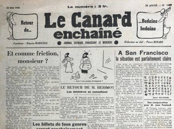 Couac ! | N° 1287 du Canard Enchaîné - 23 Mai 1945 | Dans l'article Les imbéciles publié le 23 mai 1945 dans *Le Canard Enchaîné*, R. Tréno utilise l'humour noir et l'ironie pour critiquer et ridiculiser plusieurs figures collaboratrices de la France occupée et leurs proches, en imaginant leurs regrets et leurs reproches après la défaite de l'Allemagne nazie et la libération de la France. L'article commence avec une anecdote sur Mme Pétain, qui traite son mari, le maréchal Philippe Pétain, d'imbécile pour ne pas avoir suivi son conseil de rester en Suisse, suggérant que cela aurait évité leur situation actuelle. Tréno souligne la vérité cruelle de cette remarque en rappelant que si Pétain avait prévu la défaite allemande, il pourrait être à la place de Charles de Gaulle aujourd'hui, ajoutant une touche de soulagement ironique pour la France. Tréno continue en rapportant des propos imaginaires attribués à d'autres figures de la collaboration et leurs proches. Mme José de Chambrun, fille de Pierre Laval, reproche à son père de ne pas être resté un honnête avocat, ce qui lui aurait permis d'être président de la Haute Cour aujourd'hui. Pierre Laval, quant à lui, regrette que l'éditeur Otto Abetz n'ait pas accepté de partager son million suisse, ce qui aurait changé son destin funeste. Il enchaîne avec Mlle Corinne Luchaire, qui reproche à son père Jean Luchaire d'avoir quitté le cinéma pour devenir directeur de journaux, insinuant que sans ce changement de carrière, elle serait actuellement une vedette de cinéma. La femme de Fernand de Brinon le critique pour ne pas avoir utilisé son mariage avec une femme juive pour se faire interner à Dachau et ainsi échapper à la condamnation. Le texte inclut également une critique envers Abel Bonnard, dont le compagnon regrette qu'il n'ait pas su profiter de sa position pour devenir ministre d'État. Par contraste, Mme Gabriello félicite son mari d'avoir su éviter les Allemands et continuer sa vie paisiblement, ce qui clôt l'article sur une note de cynisme tranquille. En somme, Tréno utilise des dialogues fictifs et des situations hypothétiques pour exposer l'opportunisme et la lâcheté de ces collaborateurs, montrant comment leurs choix et leurs ambitions les ont conduits à la disgrâce, tout en se moquant de leurs regrets et de leurs tentatives de justifier leurs actions. | 1287 e1679071830877